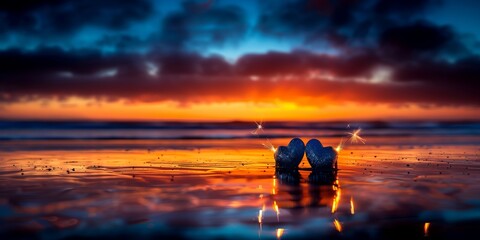 Beautiful sunset on the beach with rocks in the foreground, vibrant colors of the sky and the sea reflecting the tranquil seascape.