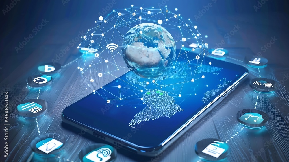 Fototapete Digital technology IoT Internet of Things Global internet network and social media communication for digital marketing and global business mobile banking via mobile app wireless techno : Generative AI