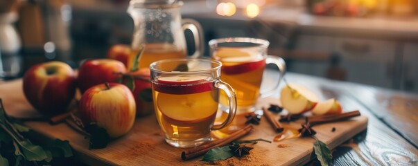 Fototapeta premium Making hot apple cider with spices in a modern kitchen, Realism, Warm tones, Photography, Detailed