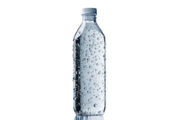 A glass bottle of water with condensation droplets on the surface.