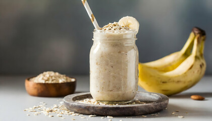vanilla ice cream.vegan banana and oatmeal smoothie in a mason jar, set against a light, airy background.