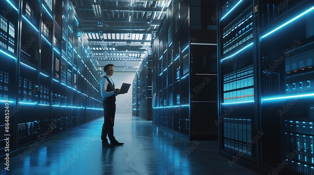 Poster futuristic concept data center chief technology officer holding laptop standing in warehouse informa