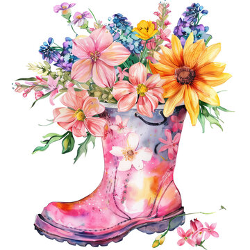 Watercolor spring flower bouquet in rain boot isolated on transparent background