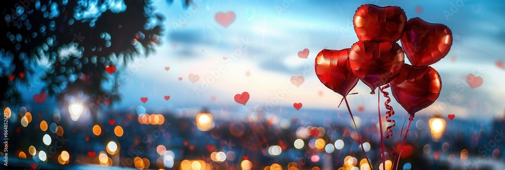 Poster a cluster of red heart-shaped balloons floats against a backdrop of a romantic cityscape at dusk. ge