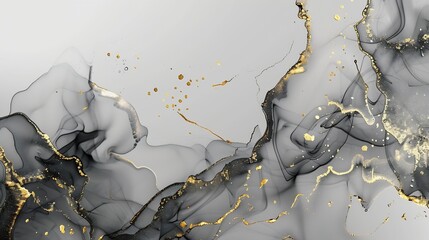 Abstract grey art with gold  black and white background with beautiful smudges and stains made with alcohol ink and golden paint Grey fluid texture resembles marble smoke watercolor or : Generative AI