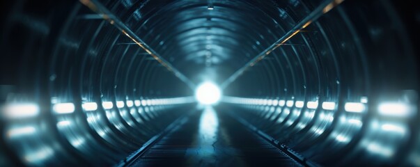 Futuristic tunnel with glowing lights and a bright center, creating a sense of depth and mystery, ideal for sci-fi and technology themes.