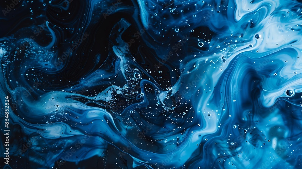 Poster Intense dark and light blue ink swirls with speckles of white creating an abstract oceanic texture with bubbles scattered throughout : Generative AI