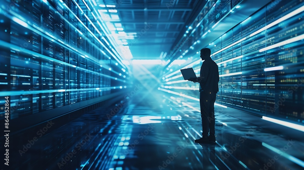 Poster Futuristic Concept Data Center Chief Technology Officer Holding Laptop Standing In Warehouse Information Digitalization Lines Streaming Through Servers SAAS Cloud Computing Web Service : Generative AI