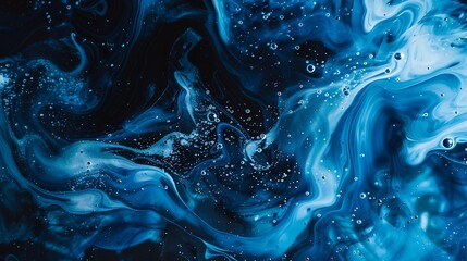 Intense dark and light blue ink swirls with speckles of white creating an abstract oceanic texture with bubbles scattered throughout : Generative AI