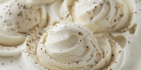 Decadent bourbon vanilla bean ice cream, a closeup image of decadent bourbon vanilla bean ice cream, its creamy texture and speckled appearance highlighted against a pure white background