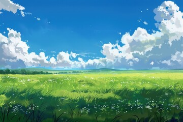 Fototapeta premium Beautiful green meadow with white clouds in the blue sky. Calm landscape, natural scenery for nature backgrounds and wallpapers.