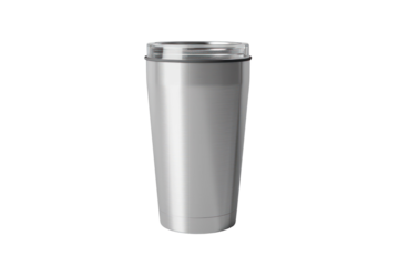 A silver stainless steel tumbler, isolated on a white background. Perfect for branding or product mockups.