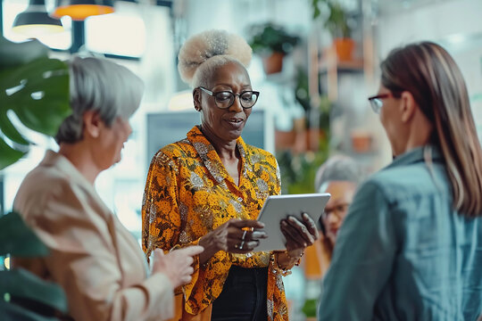 Senior female leader guiding younger colleagues through business strategies on a tablet, collaborative office environment - Powered by Adobe