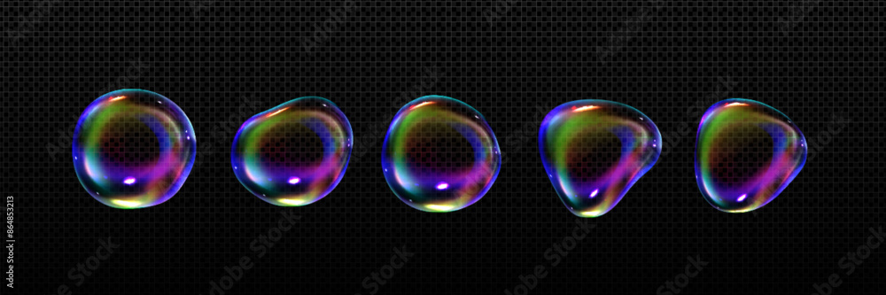 Poster 3d soap bubbles set isolated on transparent background. vector realistic illustration of rainbow col