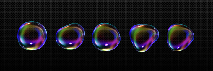 3D soap bubbles set isolated on transparent background. Vector realistic illustration of rainbow color shampoo blobs of abstract shape, bath foam orbs flying in air, washing detergent design elements