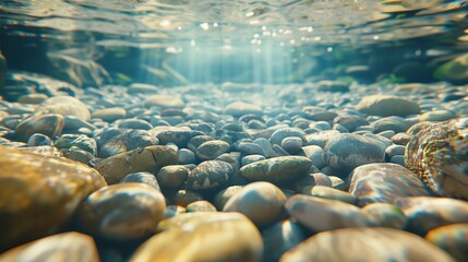 Underwater background deep blue sea and beautiful light rays illuminating the underwater rocks. Place for text.