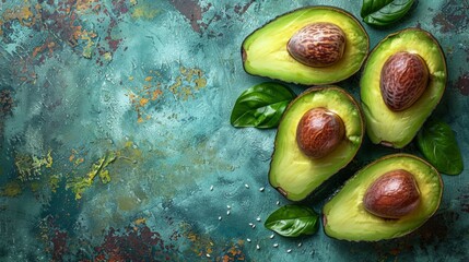 A close-up image of four halved avocados with seeds, arranged on a teal textured background with...