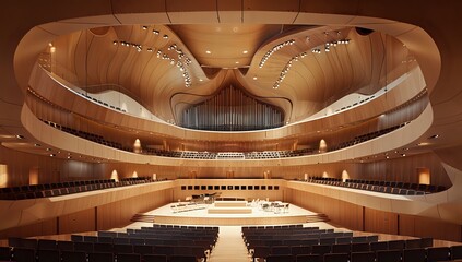 Modern concert hall with intricate wooden design and empty seats, ready for a symphony orchestra or musical performance.
