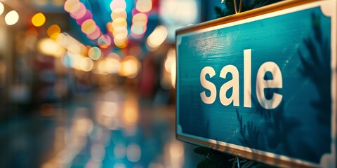 Close-up of a blue sale sign with colorful bokeh lights in the background, creating a festive and inviting atmosphere in a shopping environment.