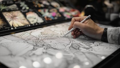 A person is creating intricate art on a tablet using a stylus pen, showcasing a detailed black-and-white illustration, indicating a blend of technology and traditional artistry.