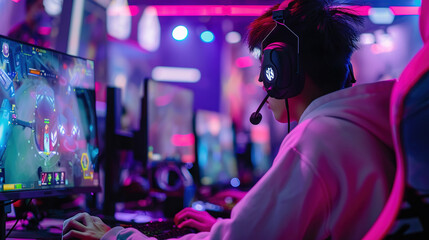 Obraz premium E-sports, Olympics or e-sports championship.A young video blogger broadcasts live and plays online video games. 