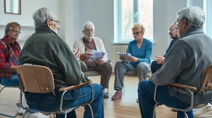 Several old people in group therapy at the retirement home Senior men and women sitting in a circle talking about their lives sharing thoughts and ideas and taking notes in paper noteb : Generative AI