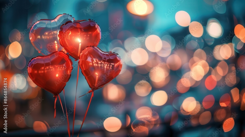 Poster romantic image of heart-shaped balloons against a bokeh background of city lights, perfect for resta