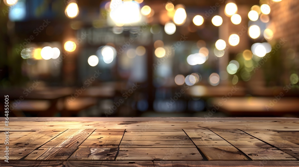 Poster Empty wooden table top with lights bokeh on blur restaurant background : Generative AI