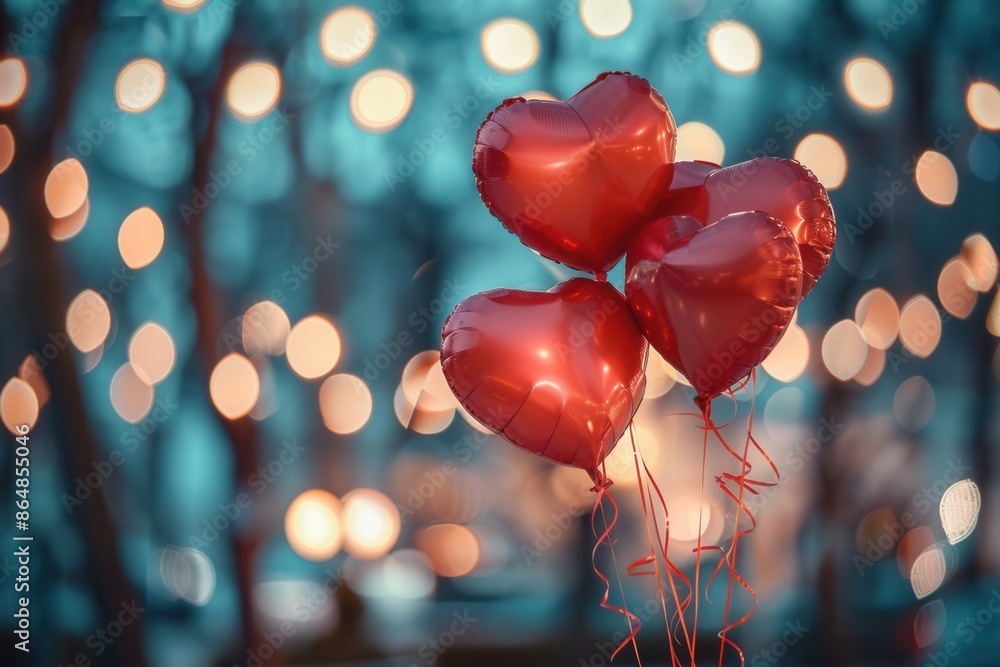 Poster Three heart-shaped balloons against a backdrop of twinkling lights in a park or rooftop setting, creating a perfect atmosphere for a romantic evening. Generative AI