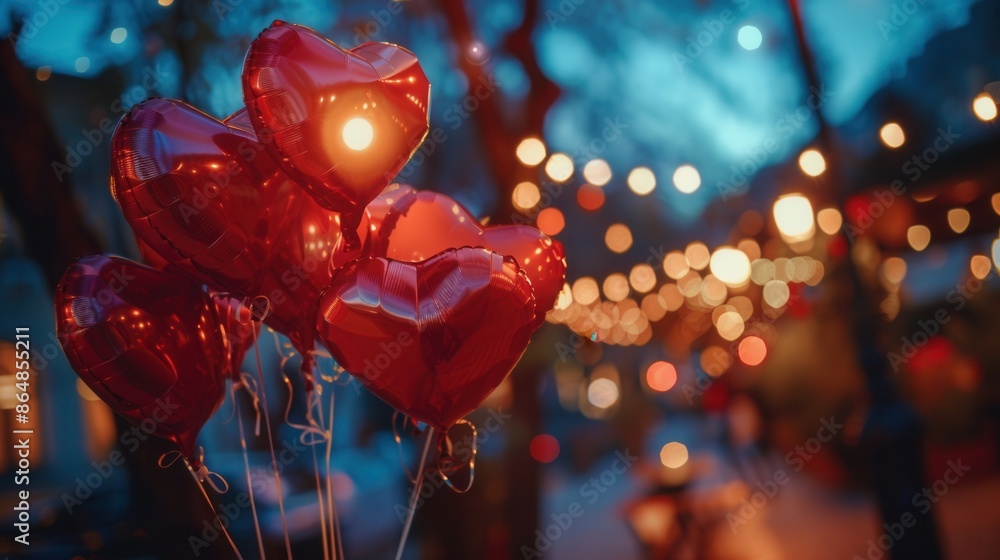 Poster heart-shaped balloons float in the air against a backdrop of twinkling lights, creating a romantic a