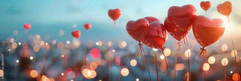 Poster Heart-shaped balloons float against a romantic evening backdrop, creating a magical atmosphere. Generative AI