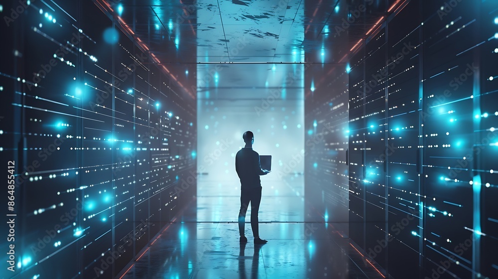 Poster futuristic concept business man with laptop in data center : generative ai