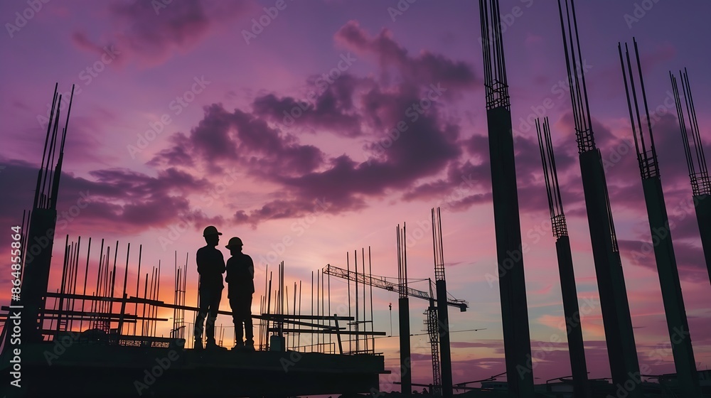 Poster Silhouette of Engineer and worker checking project at building site background construction site at sunset in evening time : Generative AI