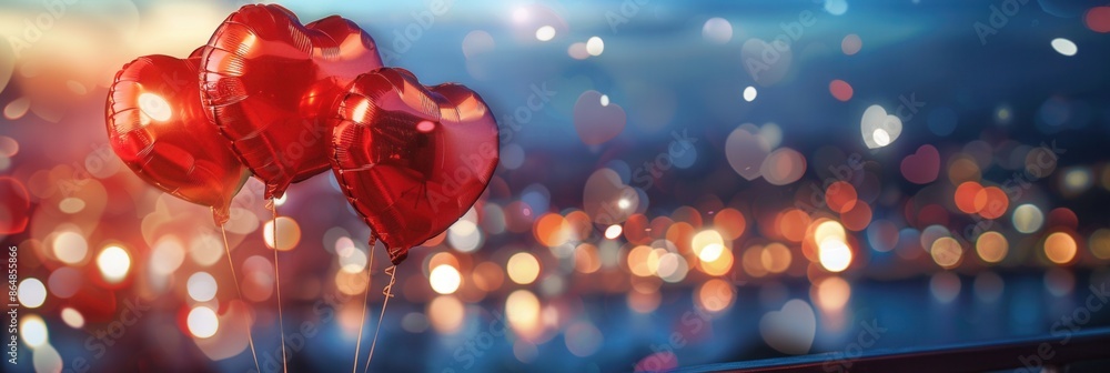 Poster heart-shaped balloons in front of a city lights bokeh, perfect for romantic dinner dates and events.