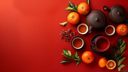 Incorporating the chinese New Year tea ceremony Top view photo of teapot cups of tea tangerines traditional decorative elements on red background with promo space : Generative AI