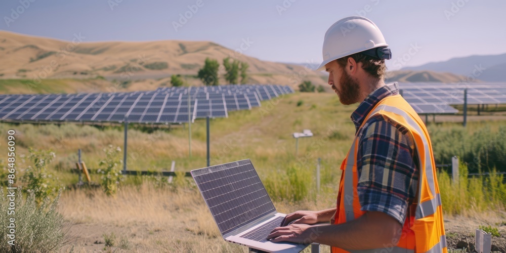 Poster skilled engineer working and analyze data by using laptop at solar cell. professional technician and