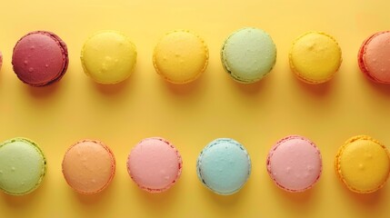 Obraz premium French macaroons on color background, parisian chic cafe dessert, sweet food and cake macaron for luxury confectionery brand,Pastry, bakery and branding concept.