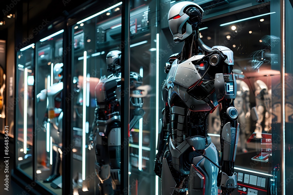 Aufkleber futuristic robots displayed in a high tech retail store, showcasing the latest advancements in artif