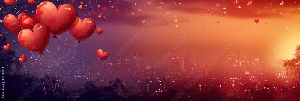 Poster an intimate and lovely image perfect for romantic events. heart-shaped balloons float against a suns