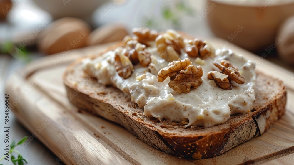 Poster a slice of rustic bread topped with a creamy spread made from foraged walnuts and chestnuts.