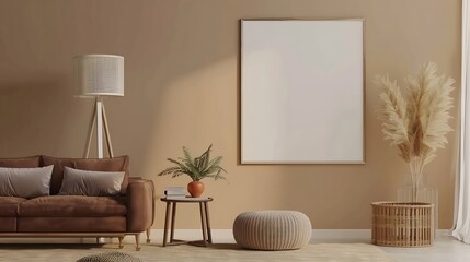 Warm and cozy interior of living room space with brown sofa pouf beige carpet lamp mock up poster frame decoration plant and coffee table Cozy home decor Template : Generative AI