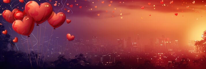 An intimate and lovely image perfect for romantic events. Heart-shaped balloons float against a sunset backdrop above a cityscape. Generative AI