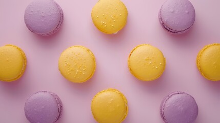 Obraz premium Purple and lemon french Macaroon on color background,multicolored tasty french macaroons,Pastry, bakery and branding concept,copy space.