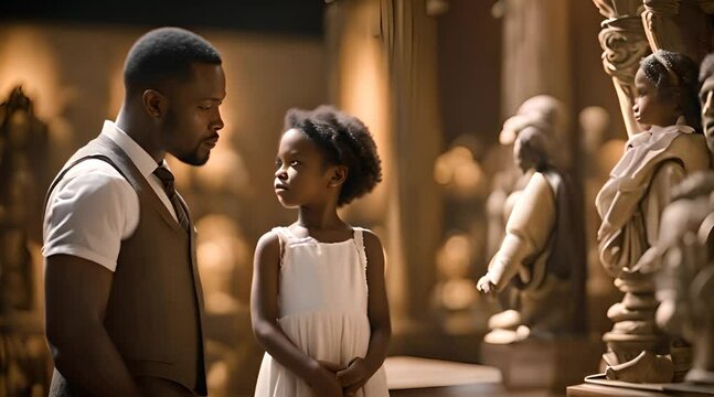 African American man and his little daughter looking at an antique statue exhibit in a history museum - Powered by Adobe