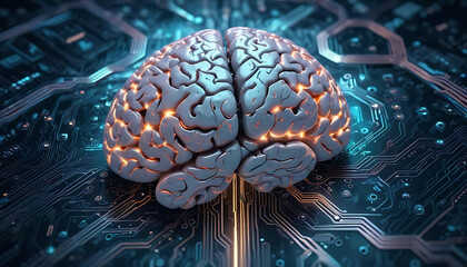a brain on top of a computer circuit, AI-generated