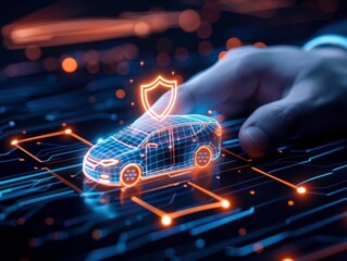 A concept of car security with a hand above a digital futuristic car and protective shield hologram, symbolizing innovation in automotive safety.