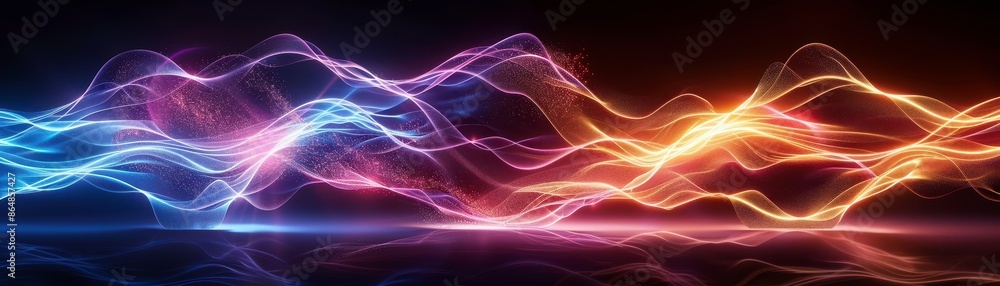 Poster abstract light waves in vibrant colors, blue and orange, on a dark background creating a dynamic and