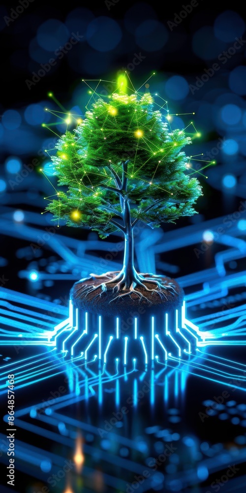 Poster artificial intelligence concept with a green tree growing from a microchip, symbolizing technology a