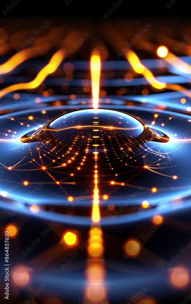 Poster colorful abstract digital artwork showcasing dynamic light patterns and a futuristic sphere in vibra