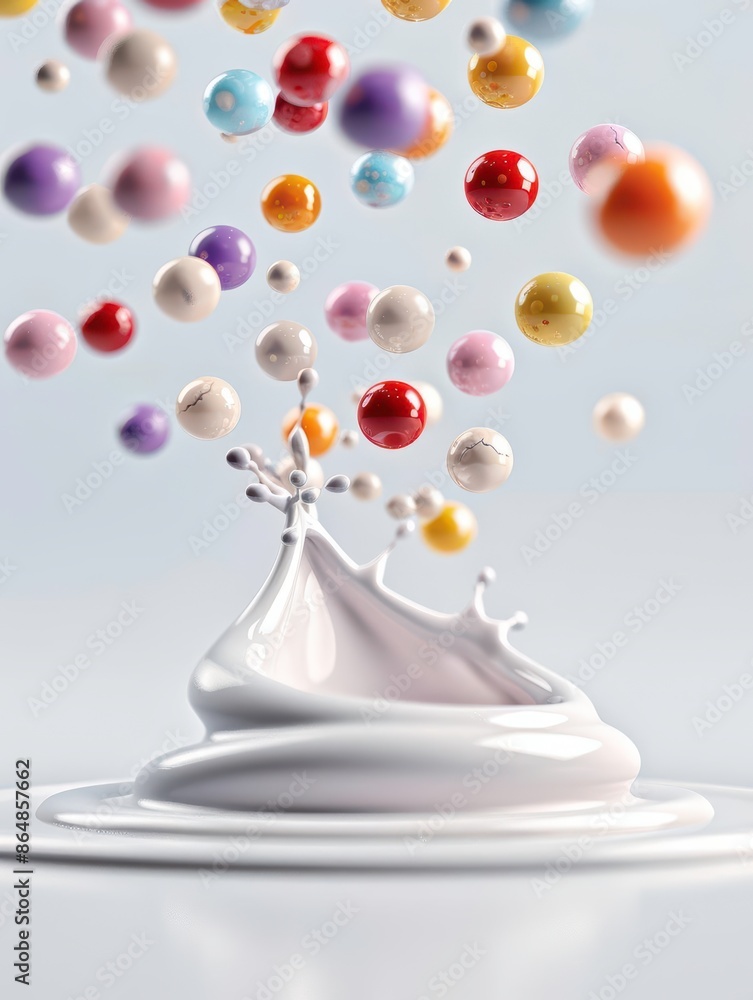 Poster colorful balls splashing into white liquid, creating dynamic and vibrant visual effects, captured wi